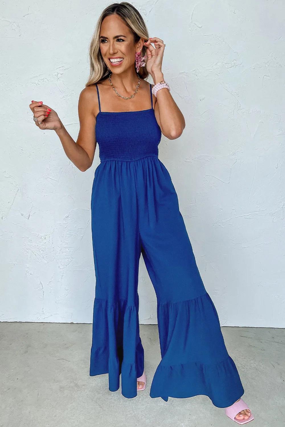 Navy Blue Spaghetti Straps Smocked Ruffled Wide Leg Jumpsuit