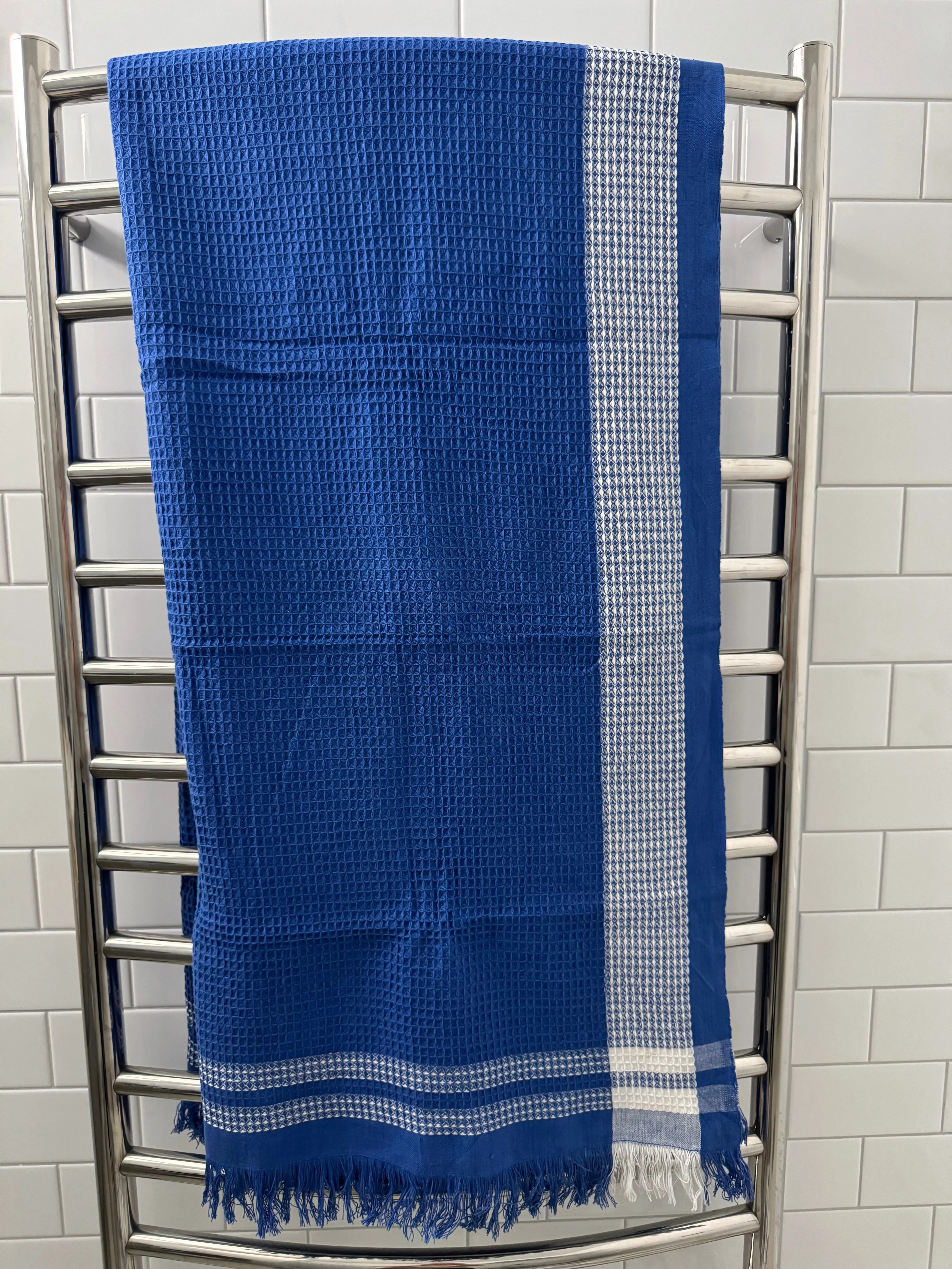 Navy Border Waffle Towel