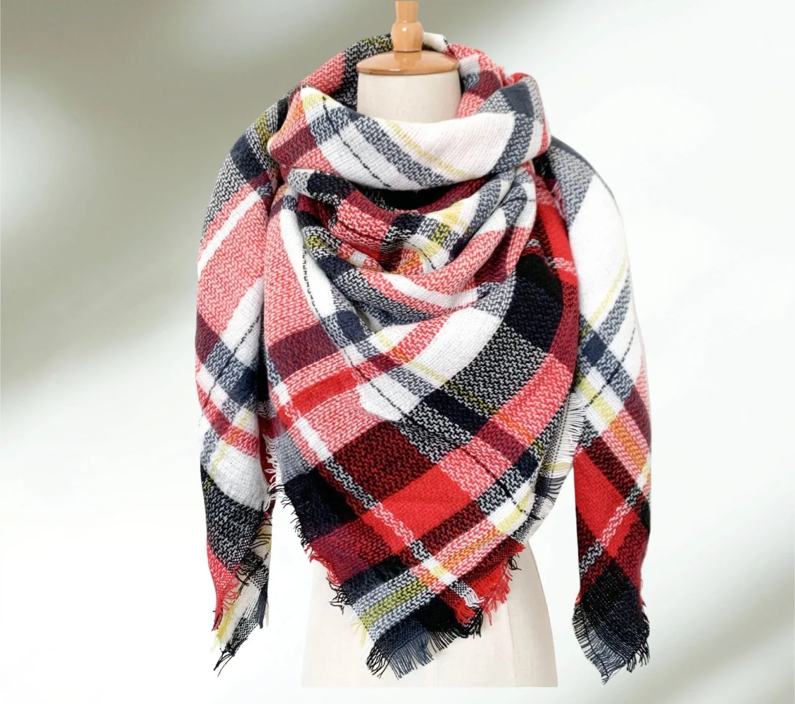 Navy, Red and White Blanket Scarf with Yellow Stripe/ Oversized Scarf/ Plaid Shawl/ Bridesmaid Gifts/ Christmas Plaid Scarf/ Throw plaid blanket/ Plaid Women's Blanket Scarf/ Women Scarf/ Gifts for Her/ Women Shawl/ Bridesmaid Scarf/ Fall Scarf