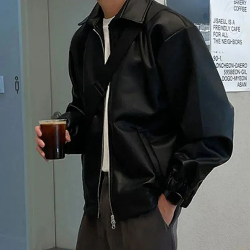 PU Leather Jacket Men's Spring Summer Loose Leather Korean Style Trend New Lapel Male Overcoat 9C4994