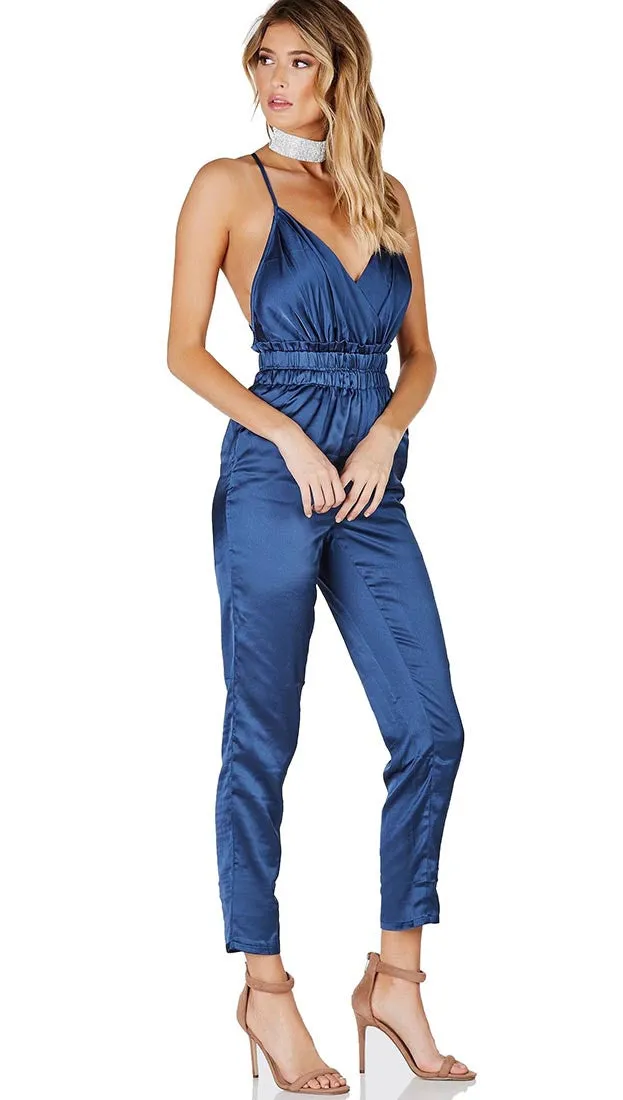 Satin V Neck Jumpsuit Navy Blue