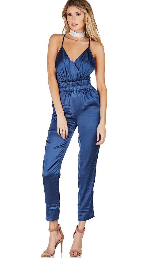 Satin V Neck Jumpsuit Navy Blue