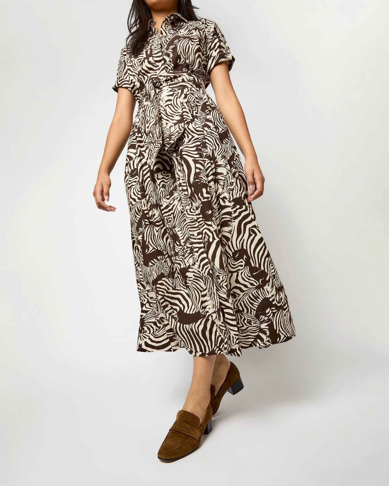 Short-Sleeved Classic Shirtwaist Maxi Dress in Ratti® Brown/Cream Zebra Poplin