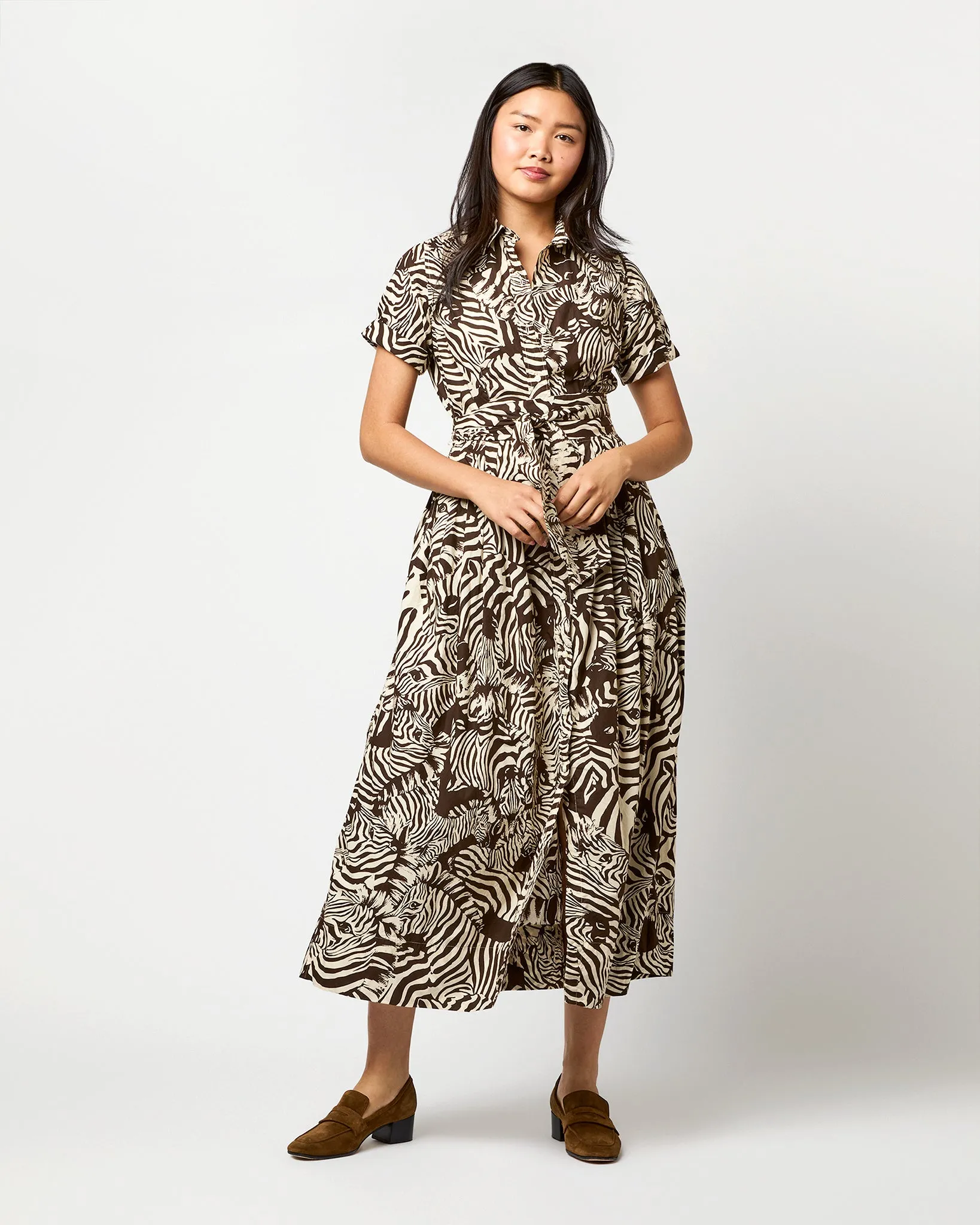 Short-Sleeved Classic Shirtwaist Maxi Dress in Ratti® Brown/Cream Zebra Poplin