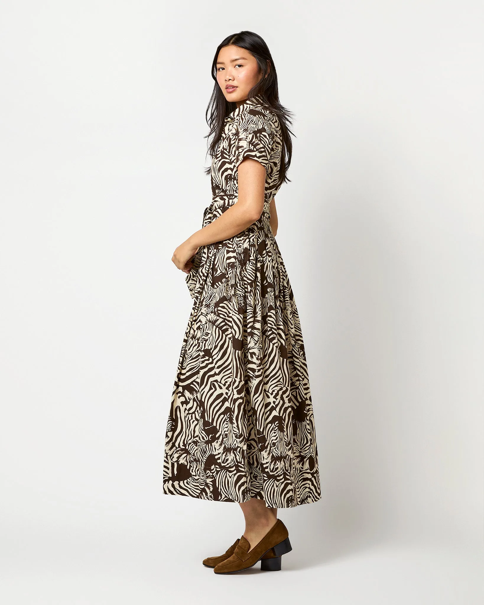 Short-Sleeved Classic Shirtwaist Maxi Dress in Ratti® Brown/Cream Zebra Poplin