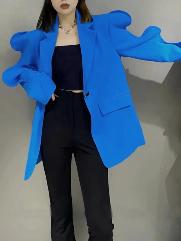 Solid Casual Loose Blazers For Women Notched Collar Long Sleeve Patchwork Pocket Blazer Female Fashion Clothing