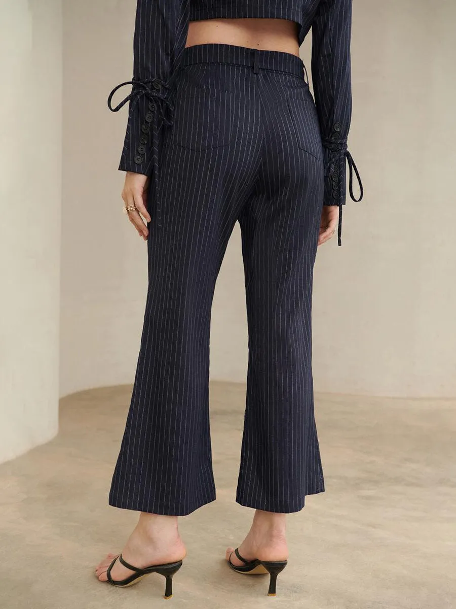Striped Flare Leg Pants With Belt