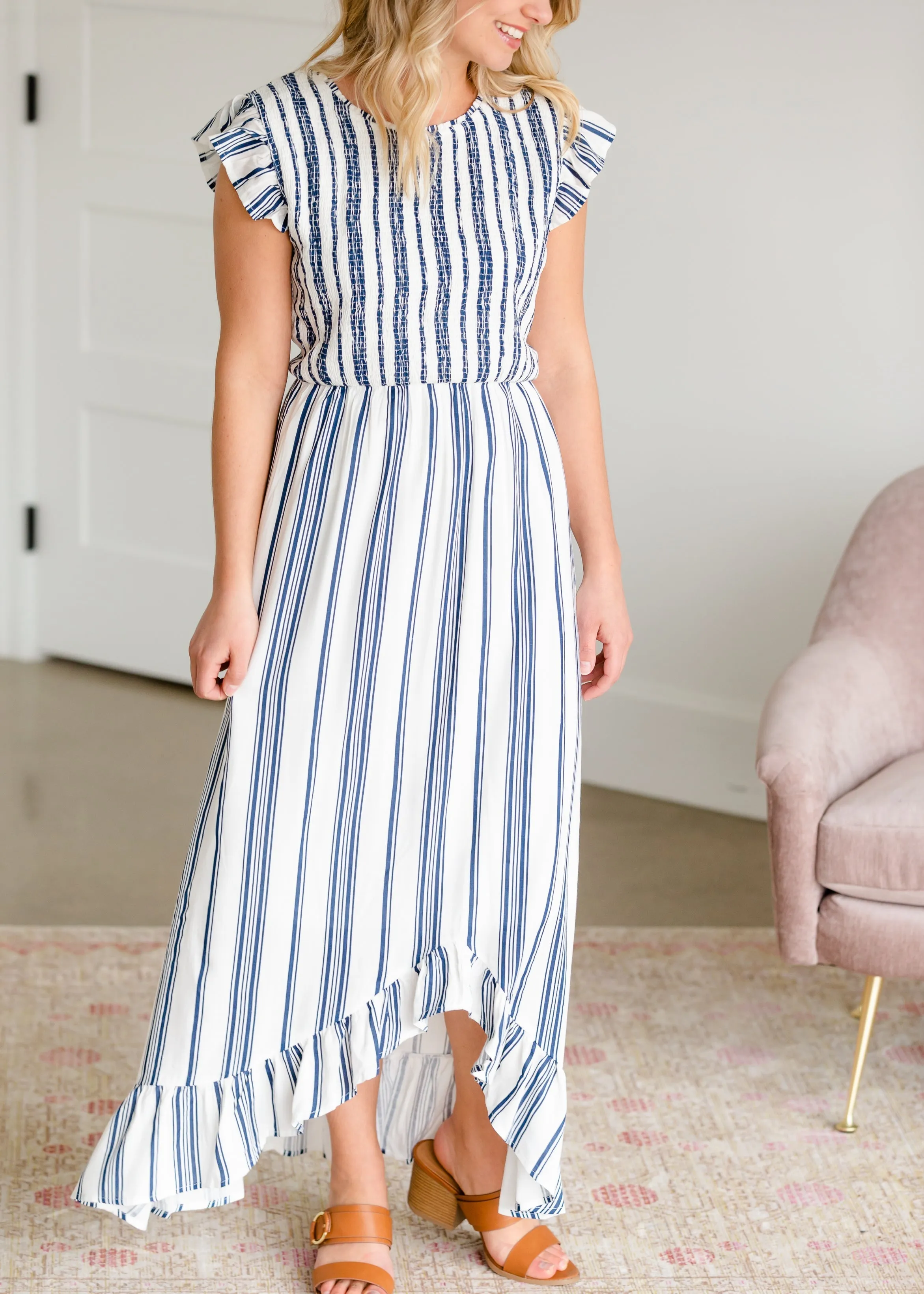 Striped Smocked Hi-Lo Maxi Dress