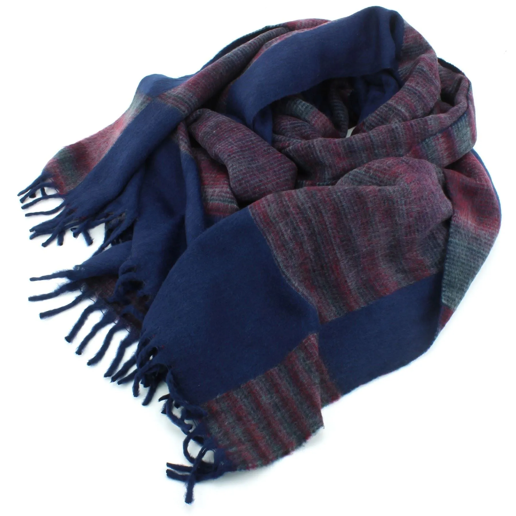 Tibetan Wool Blend Shawl Blanket - Navy with Maroon Reverse