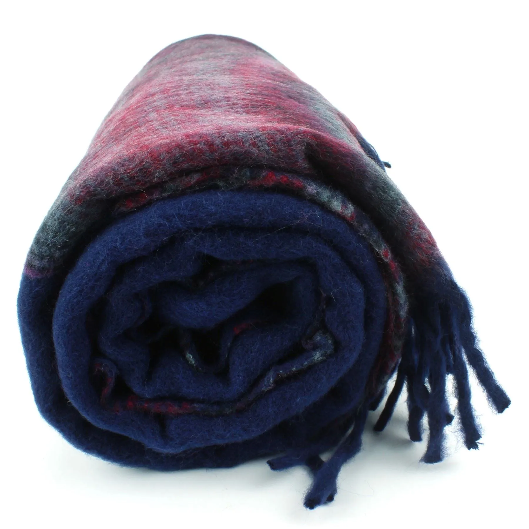Tibetan Wool Blend Shawl Blanket - Navy with Maroon Reverse