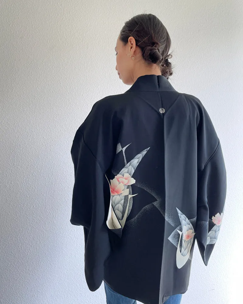 Traditional Flower Black Haori Kimono Jacket