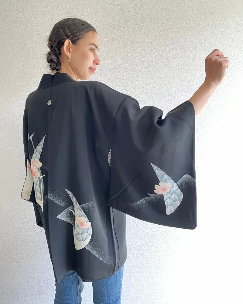 Traditional Flower Black Haori Kimono Jacket