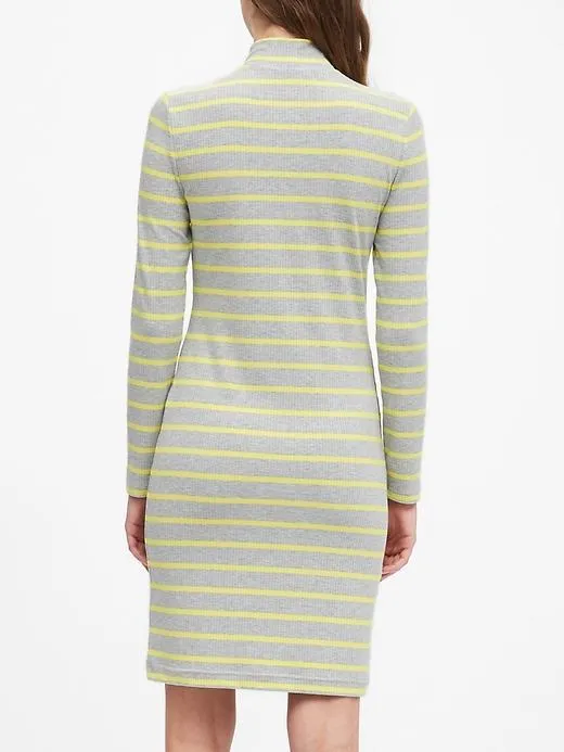 Turtleneck Ribbed-Knit Dress with Zipper in Gray Stripe