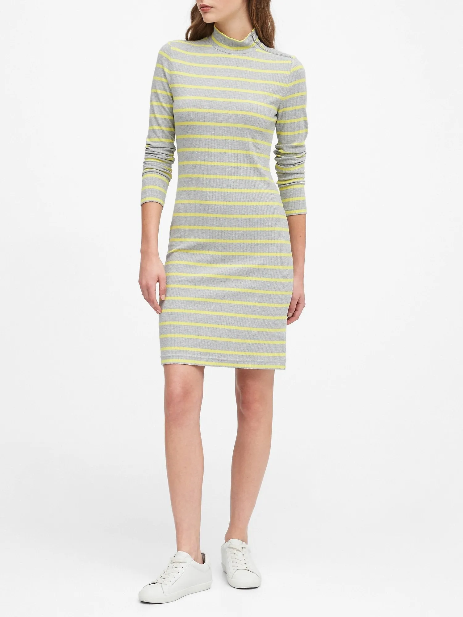 Turtleneck Ribbed-Knit Dress with Zipper in Gray Stripe