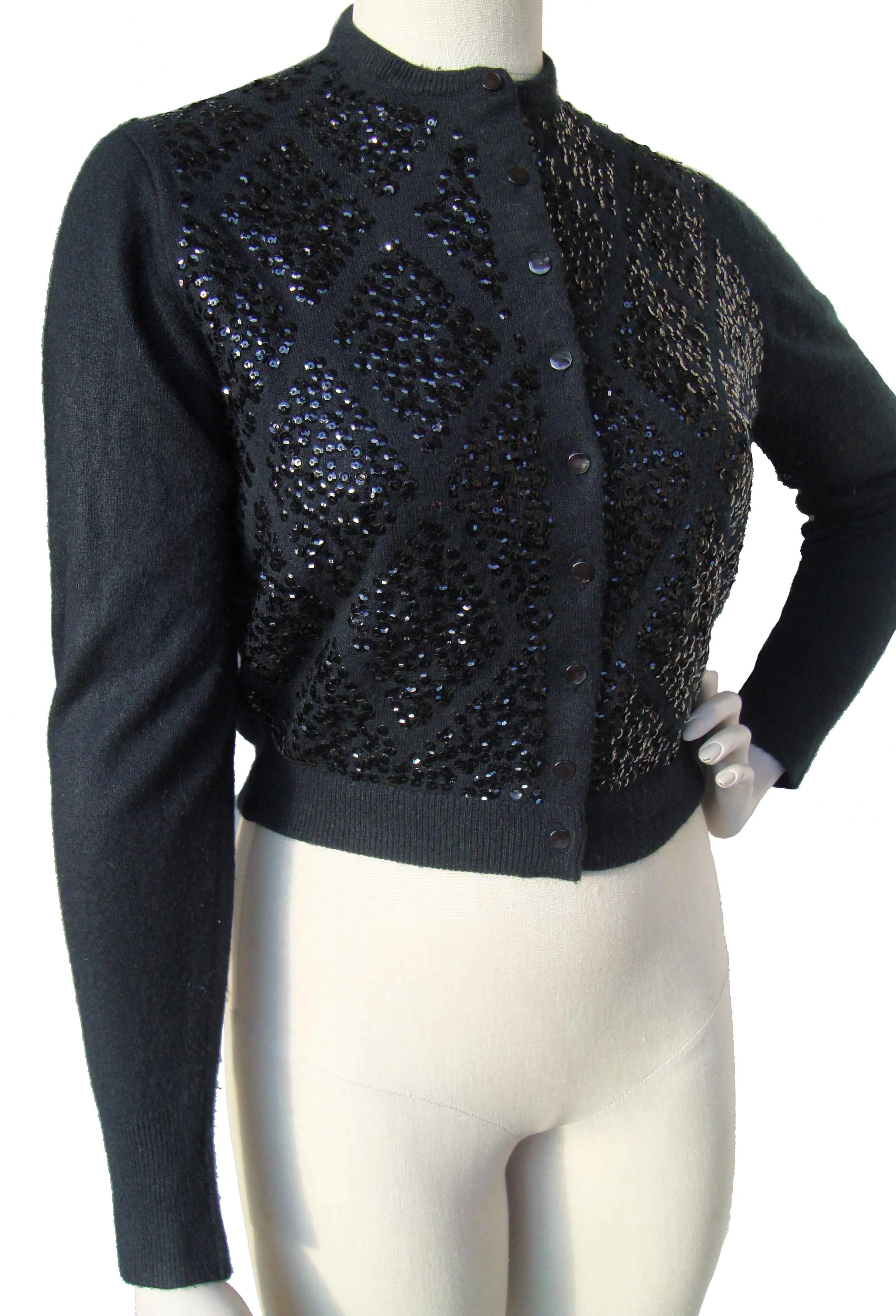 Vintage 60s Cardigan Black Sequin Lambswool Sweater Saks 5th Av - M