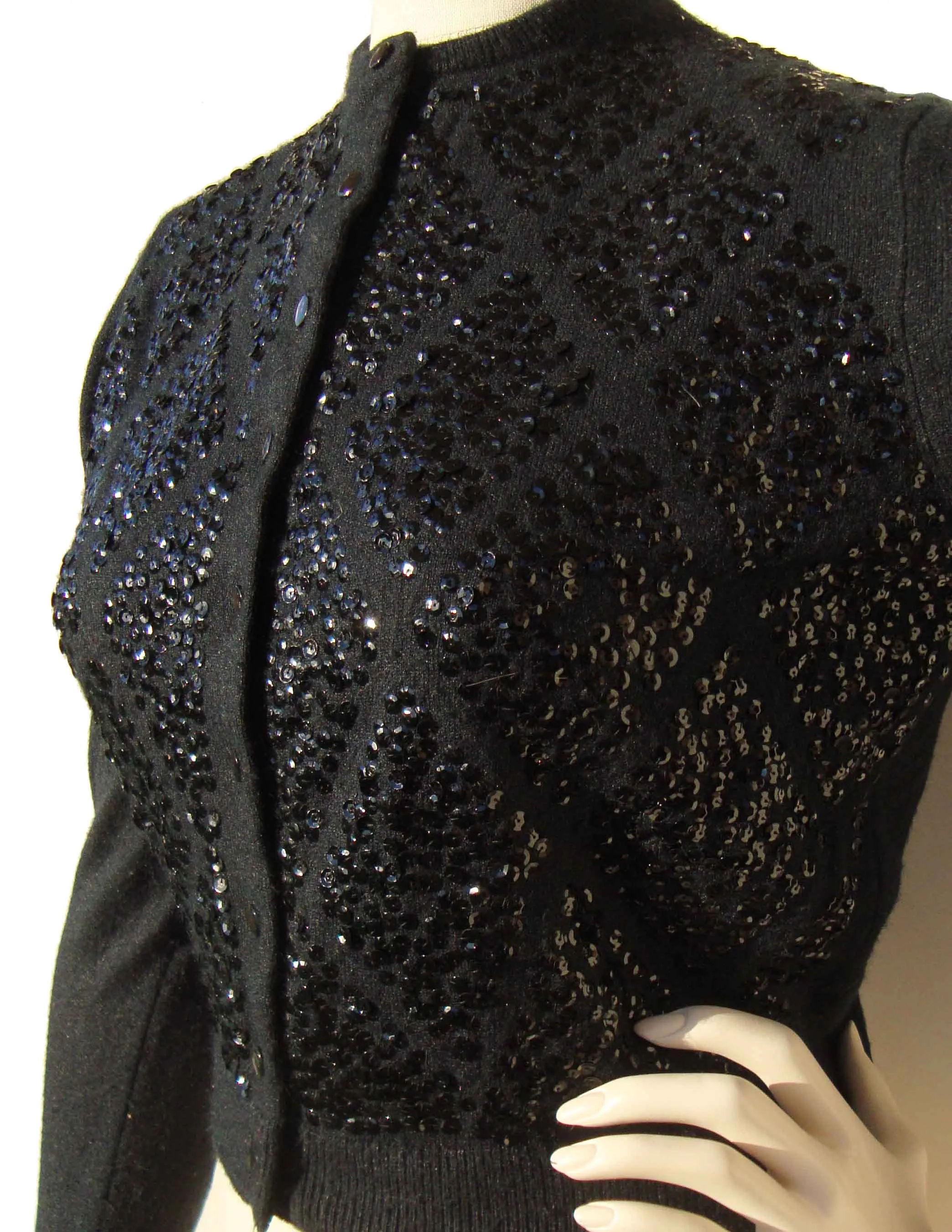 Vintage 60s Cardigan Black Sequin Lambswool Sweater Saks 5th Av - M