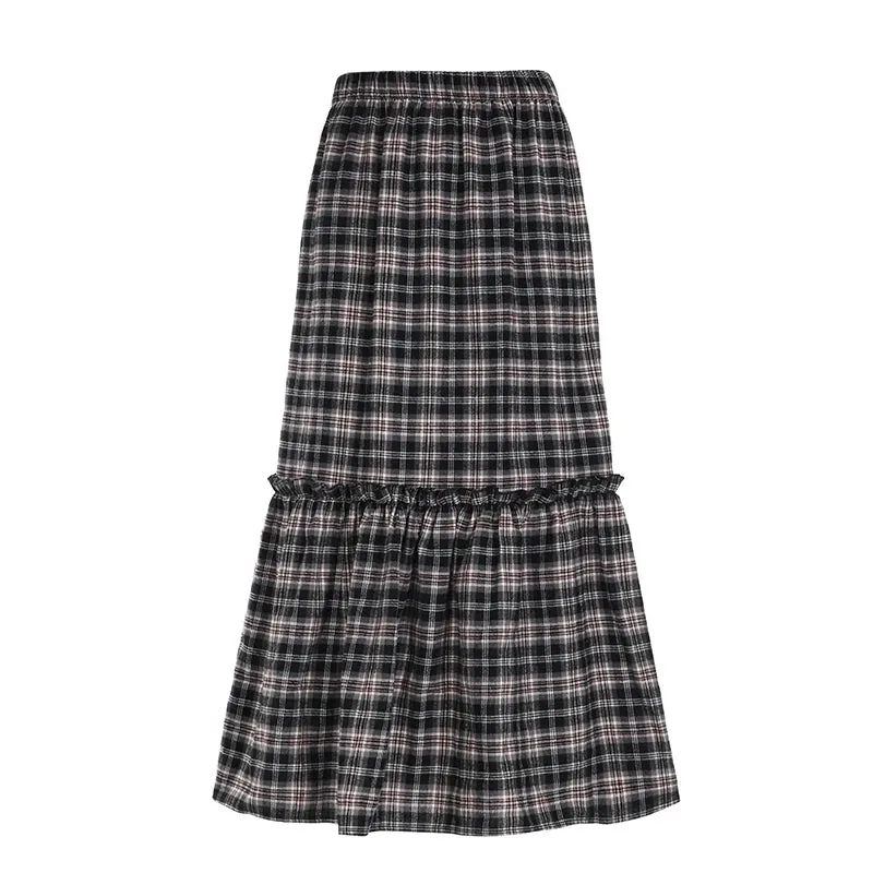 Vintage Loose Y2K Aesthetic Plaid Skirt Female England Style 2000s Aesthetic Frill Autumn Long Skirt Checkered Bottom