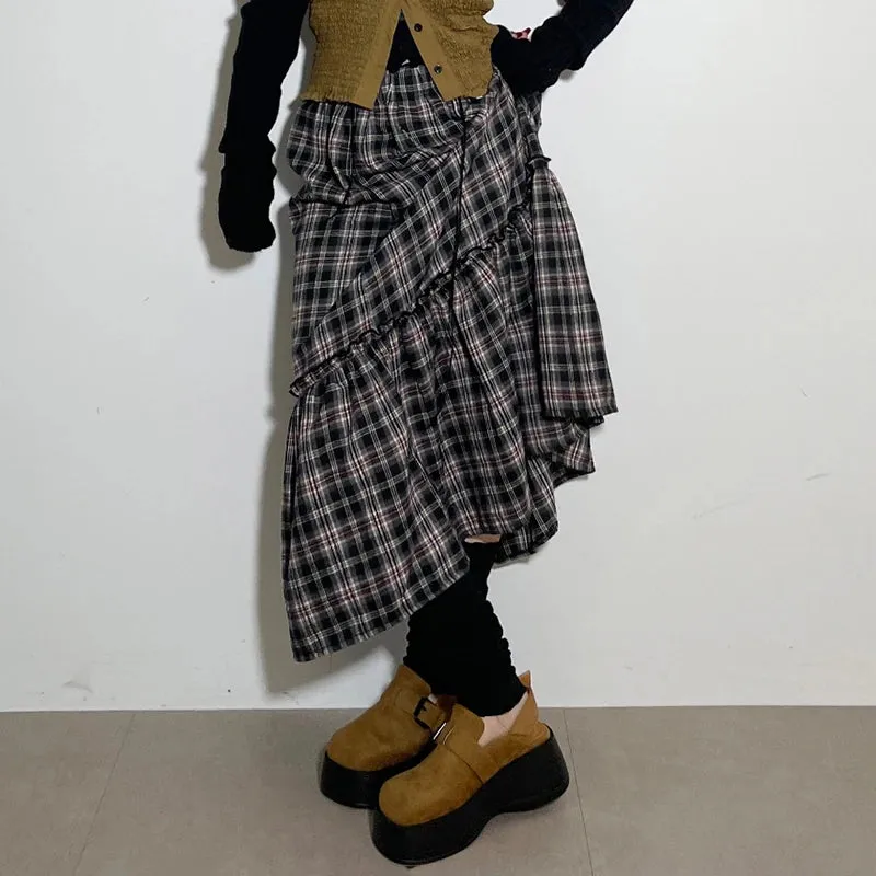 Vintage Loose Y2K Aesthetic Plaid Skirt Female England Style 2000s Aesthetic Frill Autumn Long Skirt Checkered Bottom