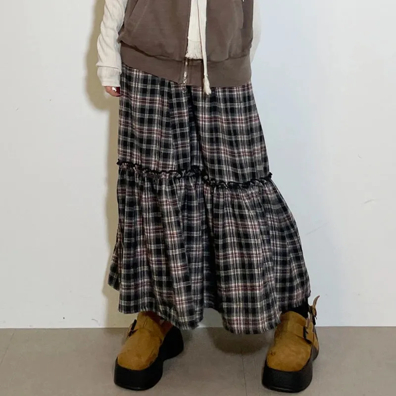Vintage Loose Y2K Aesthetic Plaid Skirt Female England Style 2000s Aesthetic Frill Autumn Long Skirt Checkered Bottom