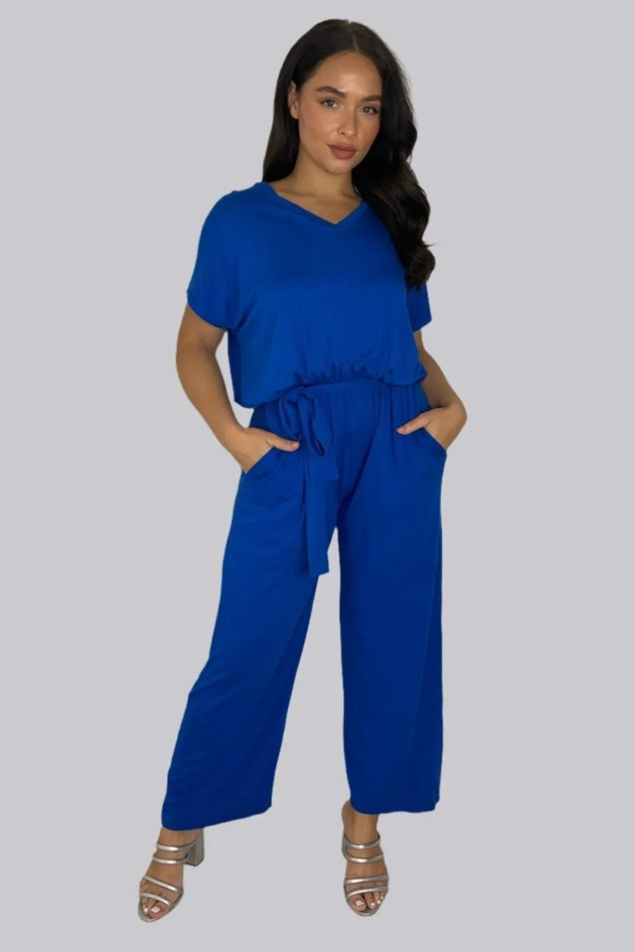 Viscose Blend V-Cut Short Sleeve Casual Tie Up Jumpsuit