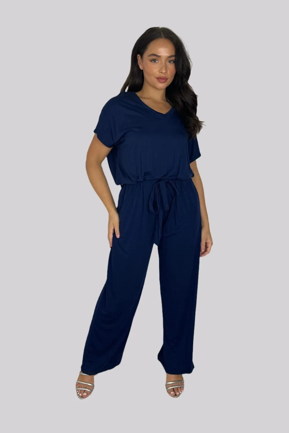 Viscose Blend V-Cut Short Sleeve Casual Tie Up Jumpsuit