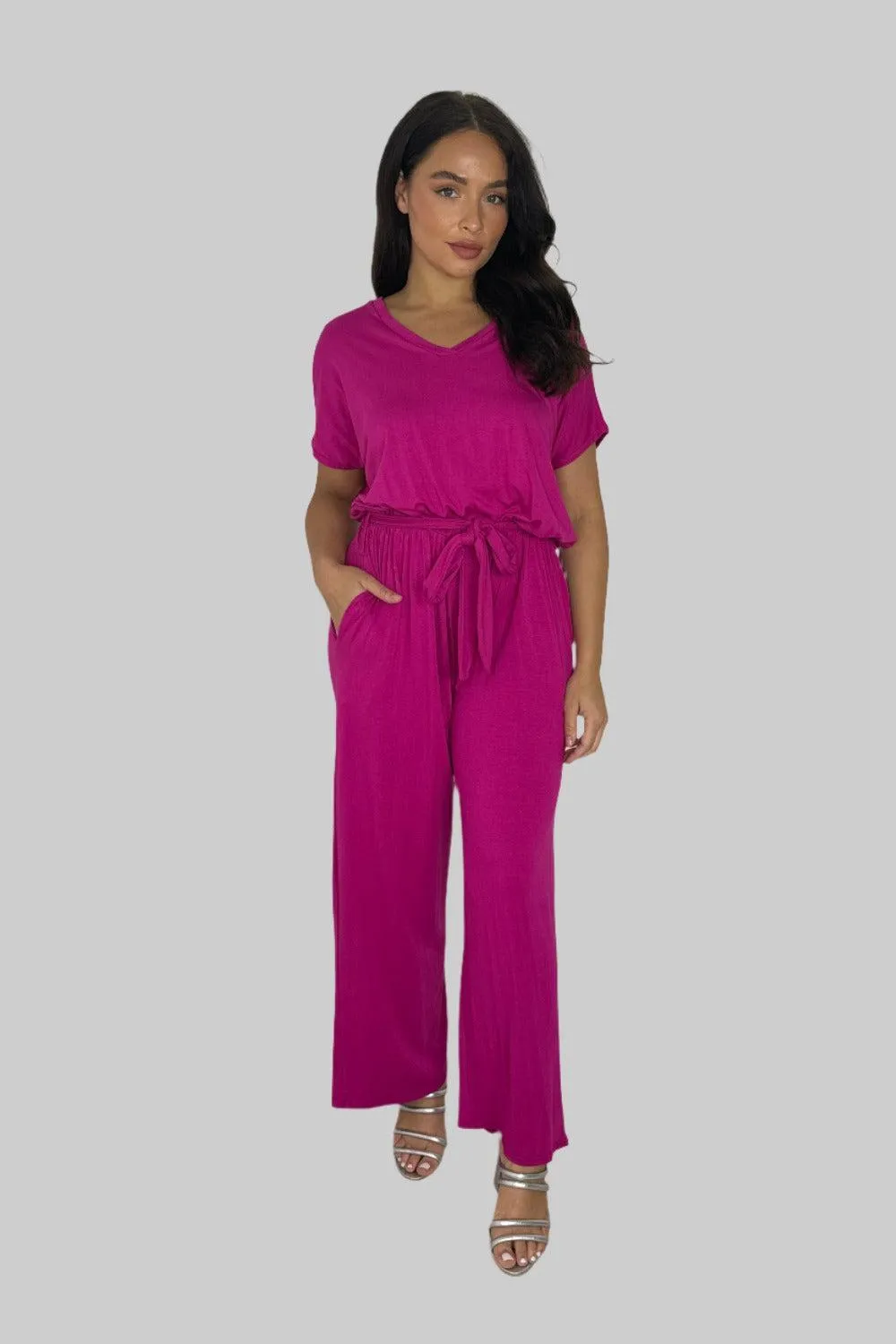 Viscose Blend V-Cut Short Sleeve Casual Tie Up Jumpsuit