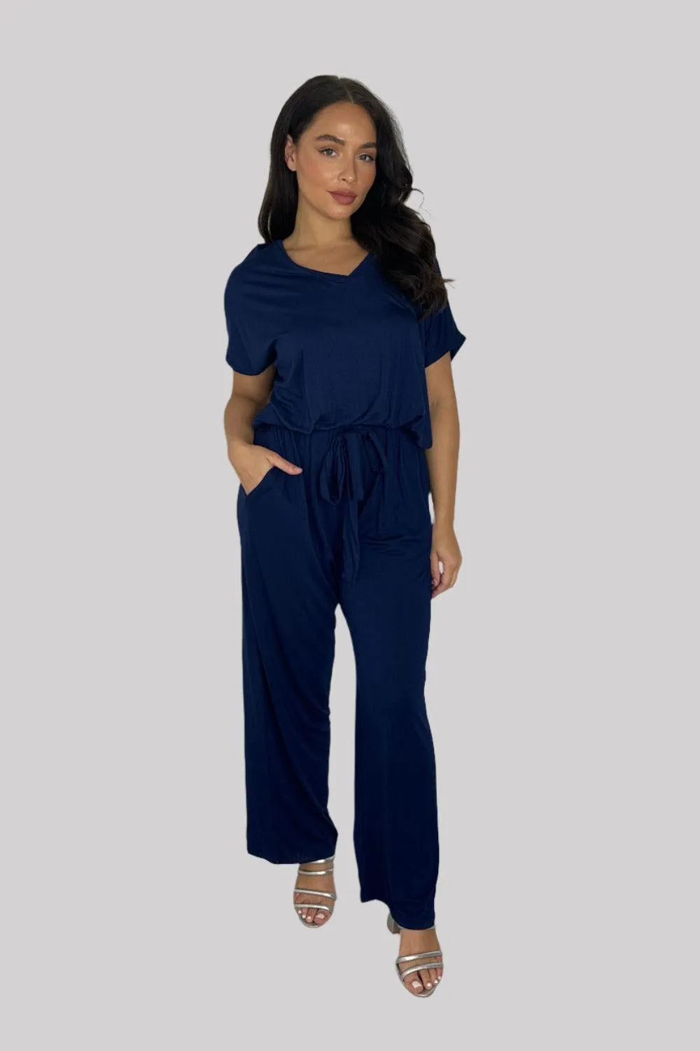 Viscose Blend V-Cut Short Sleeve Casual Tie Up Jumpsuit
