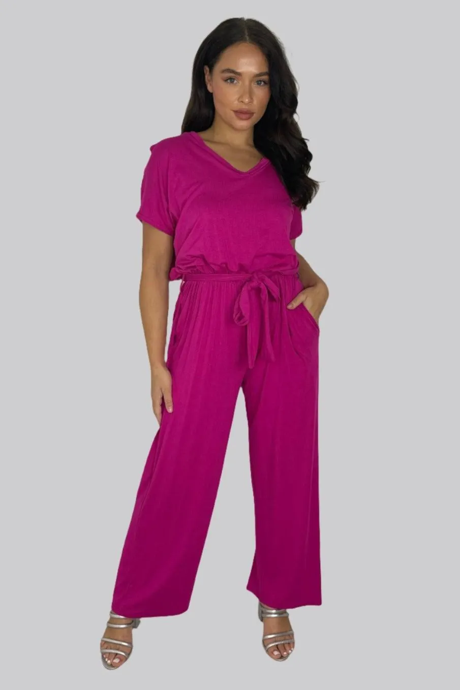 Viscose Blend V-Cut Short Sleeve Casual Tie Up Jumpsuit