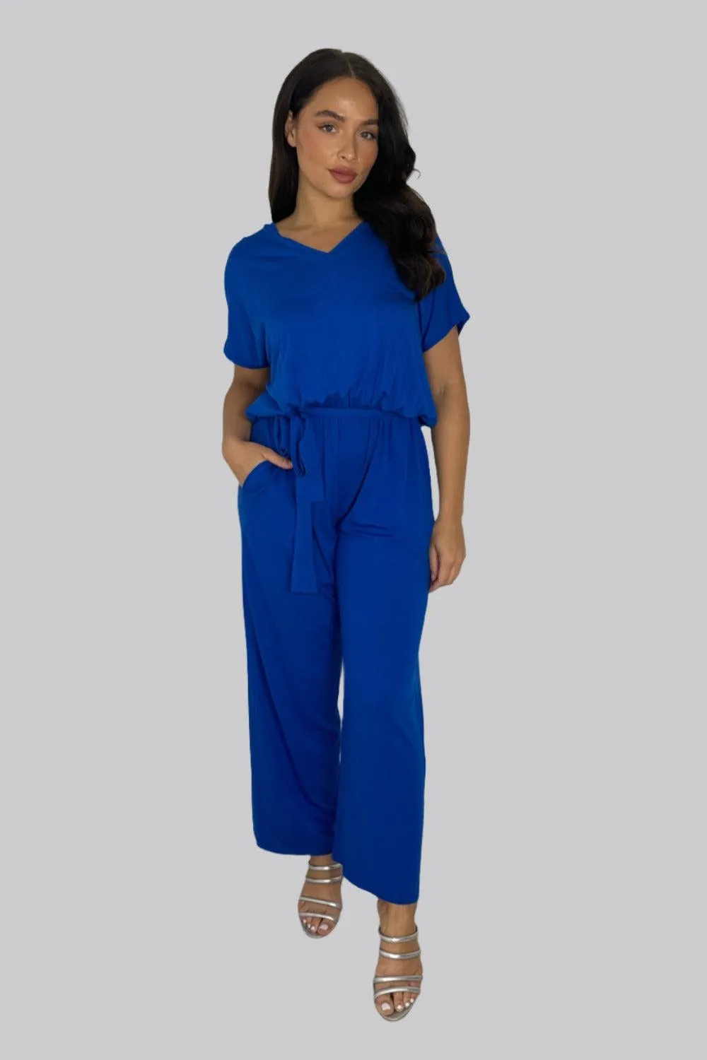 Viscose Blend V-Cut Short Sleeve Casual Tie Up Jumpsuit