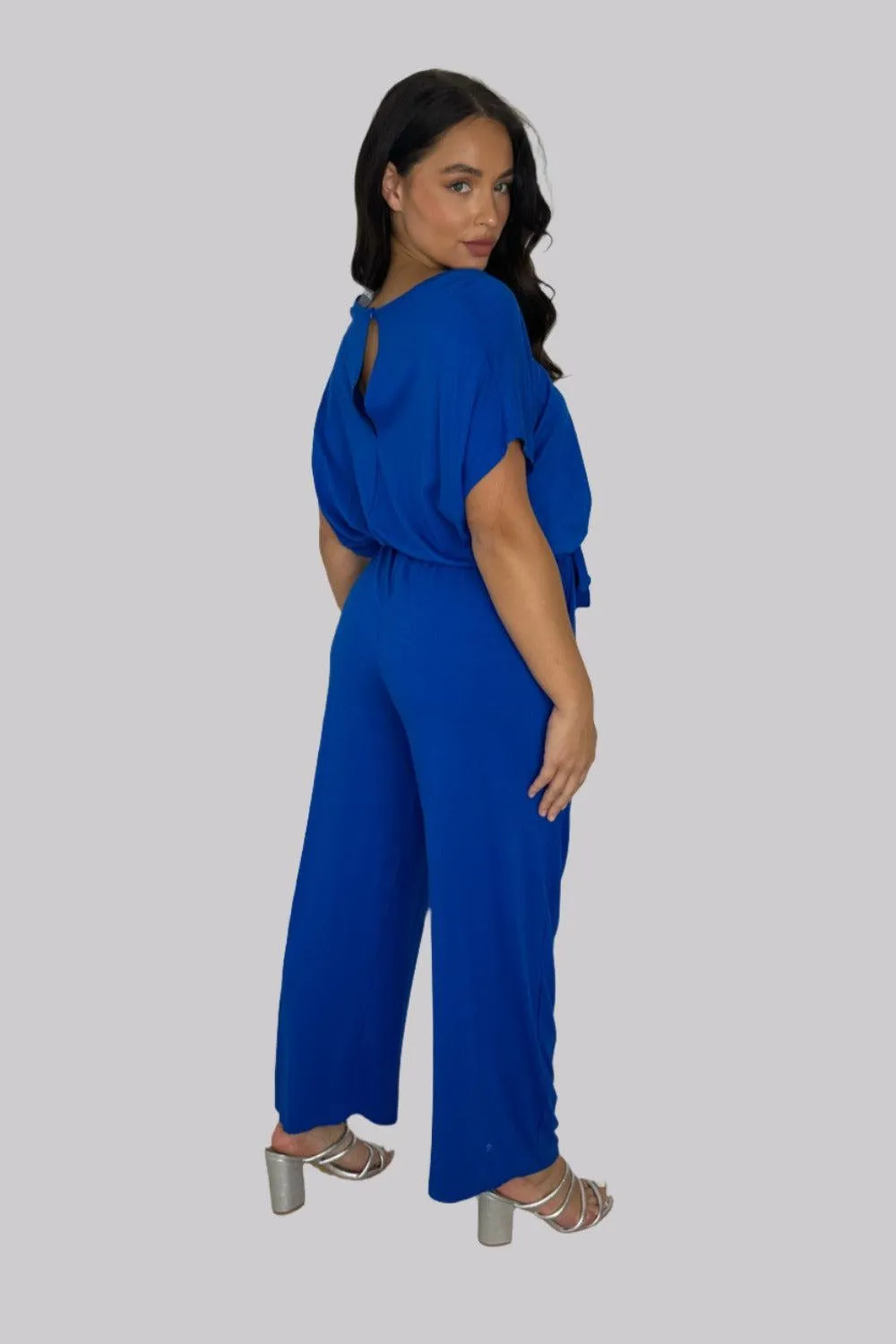 Viscose Blend V-Cut Short Sleeve Casual Tie Up Jumpsuit