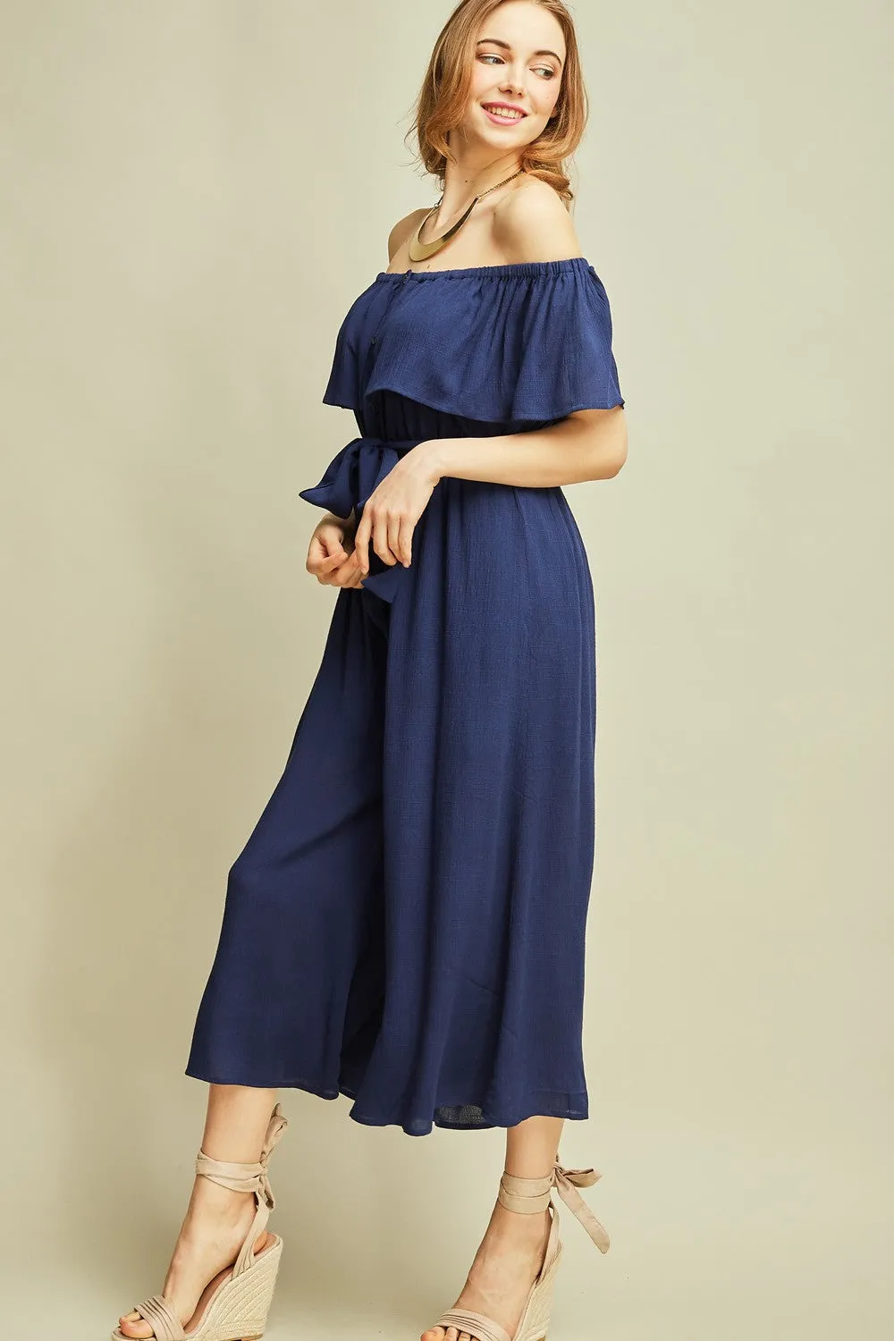 Wherever Off the Shoulder Jumpsuit, Navy