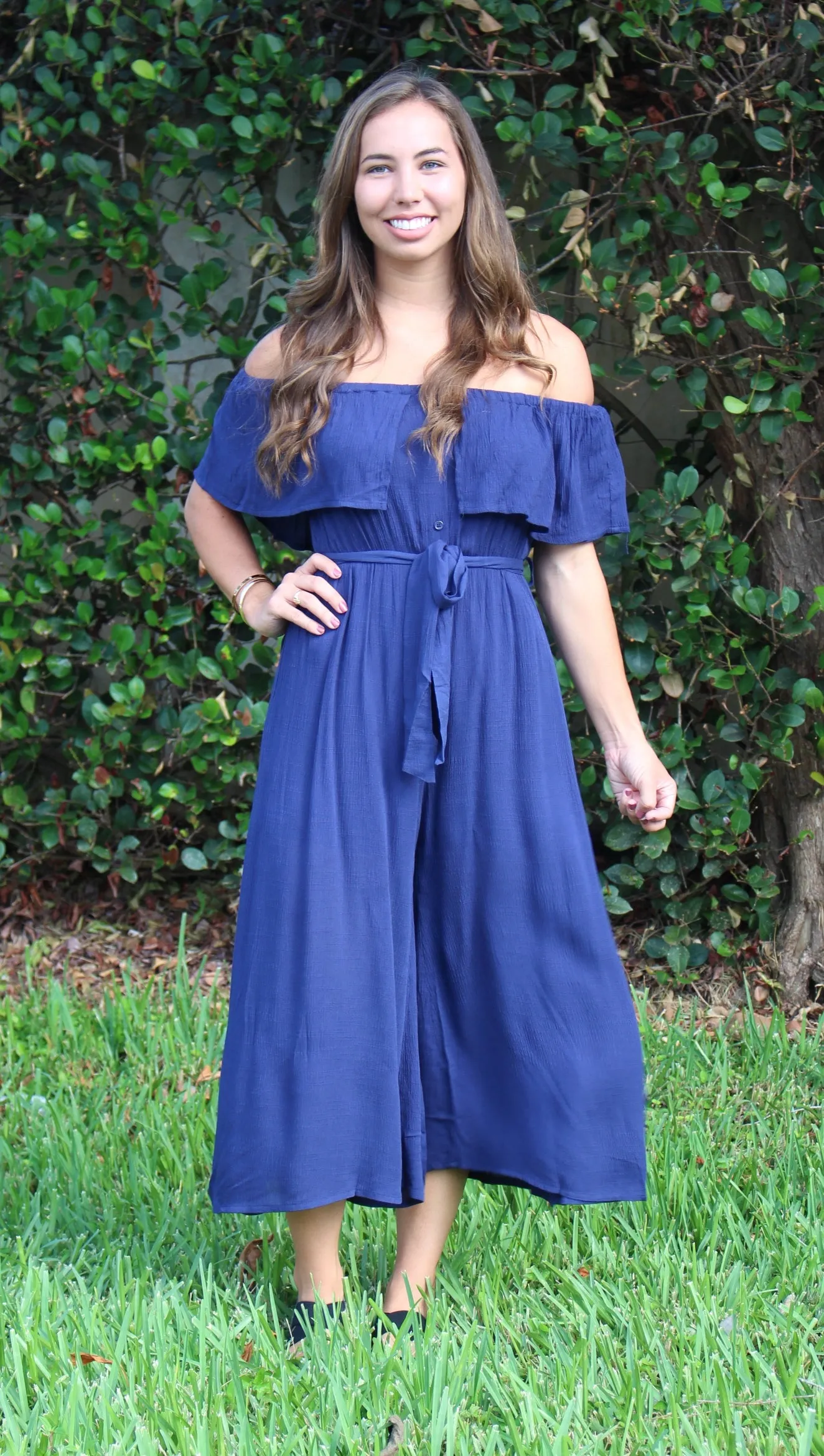 Wherever Off the Shoulder Jumpsuit, Navy