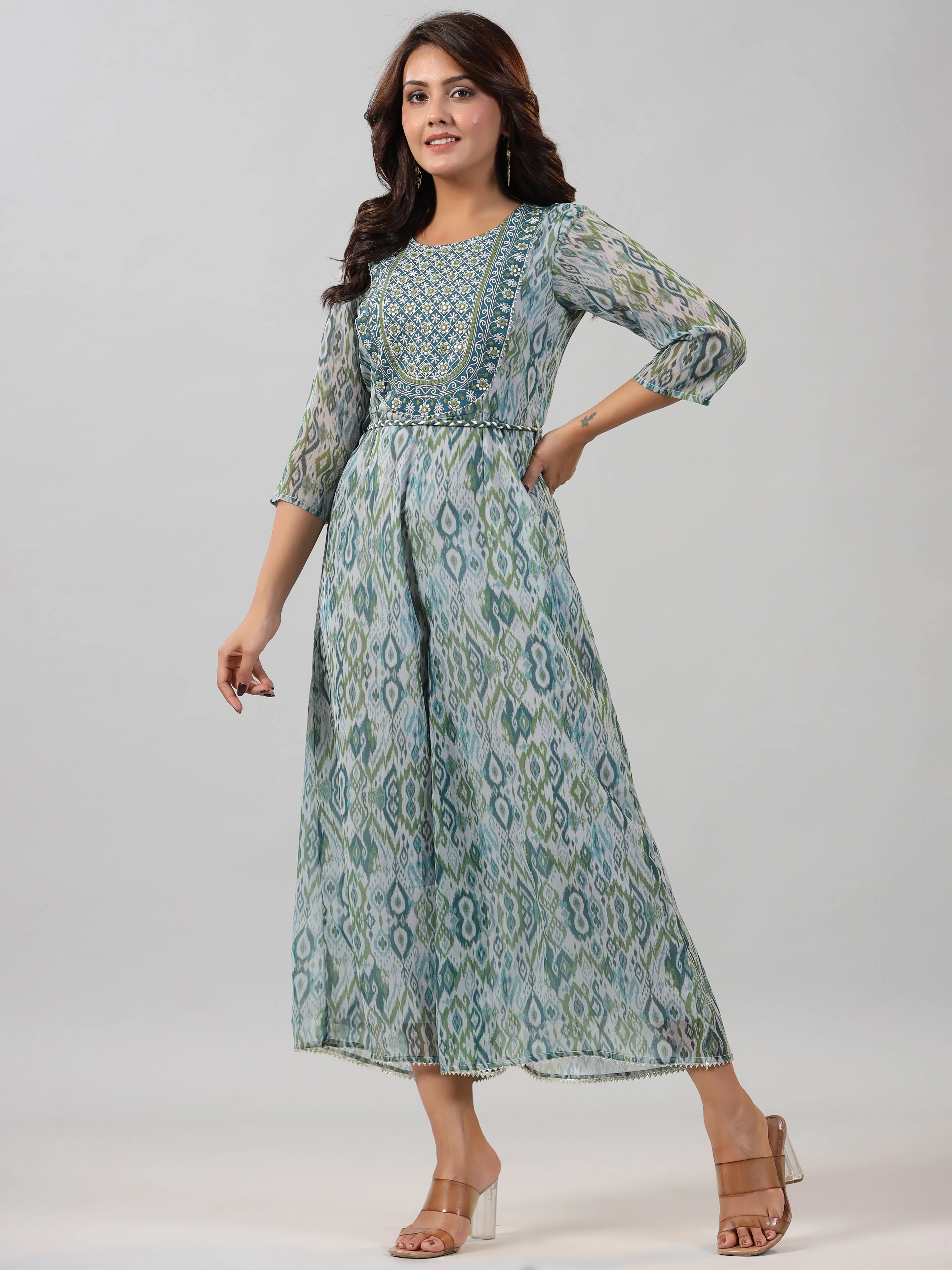 Women Green Chiffon Printed With Embroidery Jumpsuit