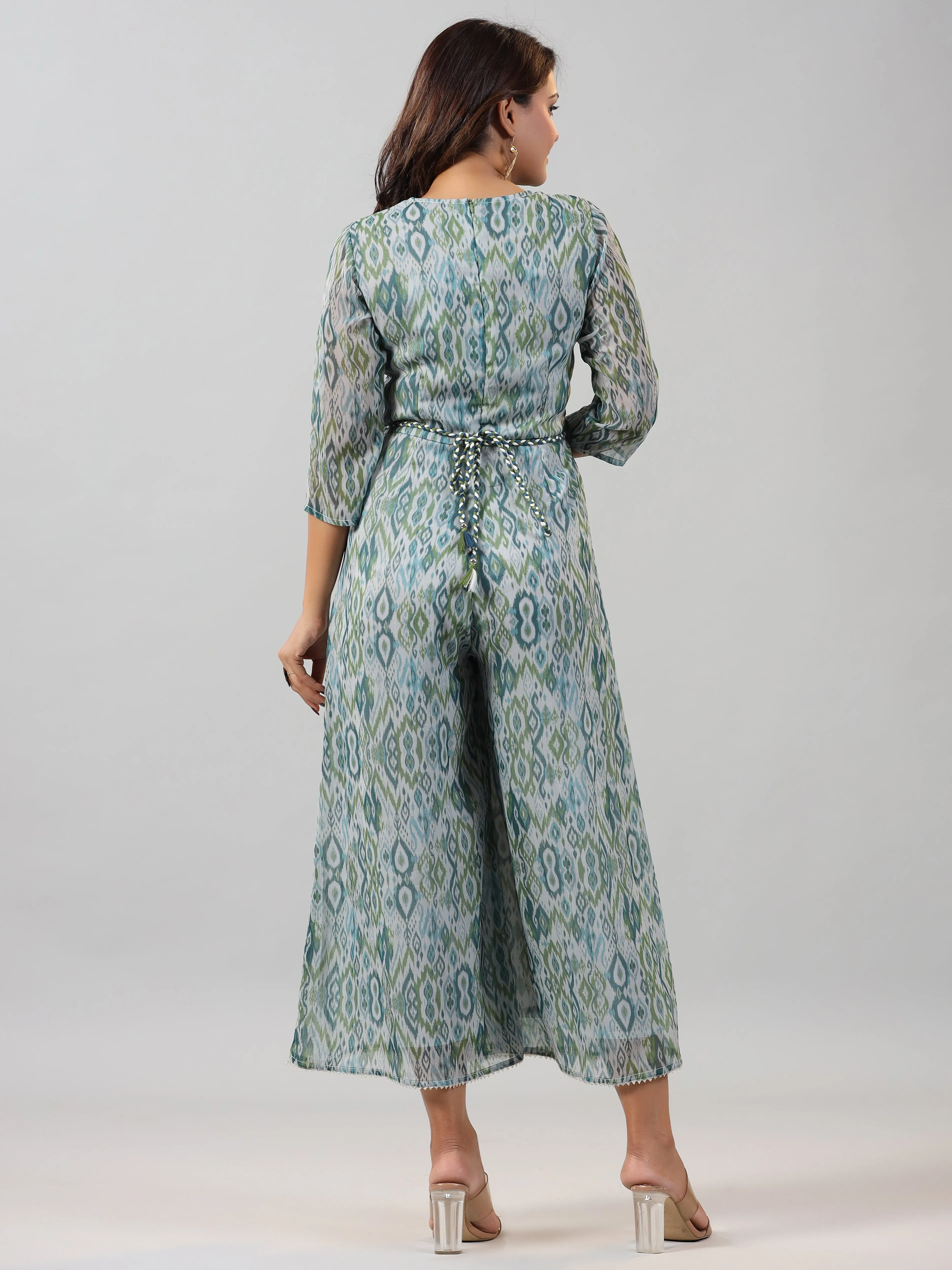 Women Green Chiffon Printed With Embroidery Jumpsuit