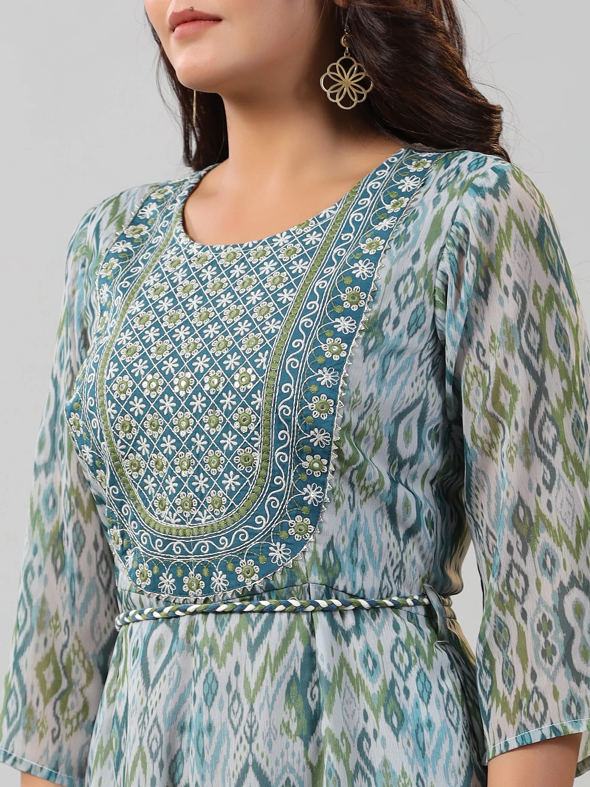 Women Green Chiffon Printed With Embroidery Jumpsuit