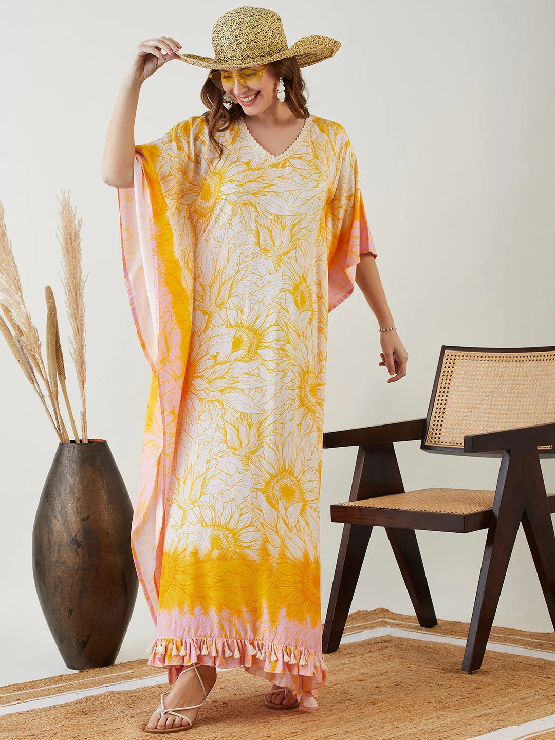 Yellow Blooming Sunflower Maxi Kaftan