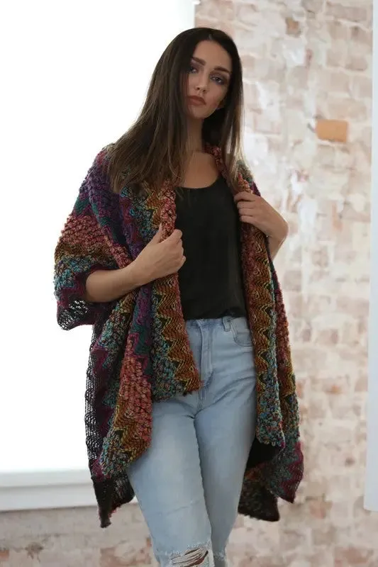 Zig-Zag Chunky Knit Open-Front Cardigan Wrap