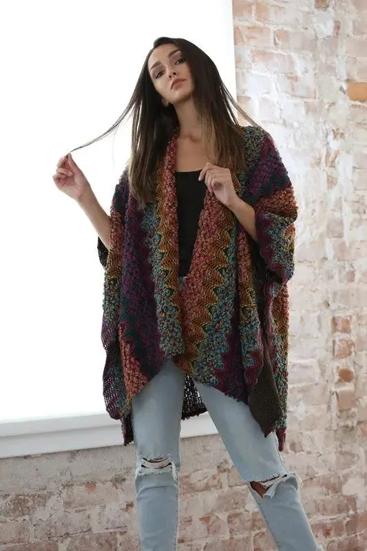 Zig-Zag Chunky Knit Open-Front Cardigan Wrap